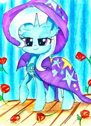 Size: 1644x2257 | Tagged: safe, artist:liaaqila, derpibooru import, trixie, pony, unicorn, cape, clothes, commission, cute, diatrixes, female, flower, hat, mare, raised hoof, rose, smiling, solo, stage, traditional art, trixie's cape, trixie's hat