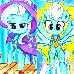 Size: 1720x1720 | Tagged: safe, artist:liaaqila, derpibooru import, fleetfoot, trixie, pegasus, pony, unicorn, cape, clothes, commission, cute, flower, hat, medal, raised hoof, rose, smiling, solo, stage, traditional art, trixie's cape, trixie's hat