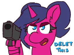 Size: 600x450 | Tagged: safe, artist:threetwotwo32232, derpibooru import, oc, oc:fizzy pop, pony, unicorn, angry, delet this, dialogue, ear fluff, female, glare, gun, hand, mare, meme, open mouth, pigtails, simple background, smiling, smirk, solo, suddenly hands, text, transparent background, weapon