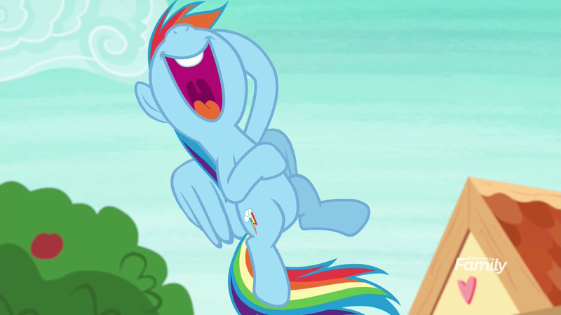 Size: 1920x1080 | Tagged: safe, derpibooru import, screencap, rainbow dash, pegasus, pony, non-compete clause, apple, discovery family logo, female, flying, food, laughing, mare, open mouth, sky, solo, tree, volumetric mouth