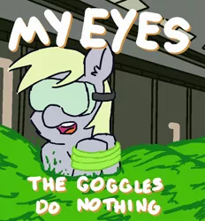 Size: 650x700 | Tagged: safe, artist:threetwotwo32232, derpibooru import, derpy hooves, pegasus, pony, 30 minute art challenge, dialogue, female, mare, my eyes, my eyes the goggles do nothing, parody, safety goggles, solo, the simpsons