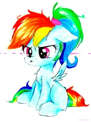 Size: 1596x2129 | Tagged: safe, artist:liaaqila, derpibooru import, rainbow dash, pegasus, pony, blank flank, commission, cute, dashabetes, female, filly, filly rainbow dash, grumpy, mare, ponytail, simple background, solo, traditional art, unamused, white background, younger