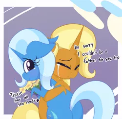 Size: 1662x1629 | Tagged: safe, artist:dragonpone, derpibooru import, sunflower spectacle, trixie, pony, unicorn, bouquet, crying, cute, daughter, dialogue, diatrixes, duo, duo female, eyes closed, feels, female, floppy ears, flower, heart, hug, like mother like daughter, looking back, mare, mother, mother and daughter, mother's day, sad, smiling, sunflower, teary eyes