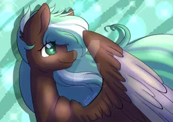 Size: 1024x724 | Tagged: safe, artist:wasatgemini, derpibooru import, oc, unofficial characters only, pegasus, pony, abstract background, bust, colored pupils, colored wings, colored wingtips, ear fluff, female, large wings, long mane, looking back, mare, signature, smiling, solo, spread wings, two toned wings, watermark, wings