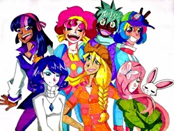 Size: 1280x961 | Tagged: angel bunny, applejack, artist:artfrog75, dark skin, derpibooru import, fluttershy, human, humanized, mane seven, mane six, pinkie pie, rainbow dash, rarity, safe, spike, traditional art, twilight sparkle