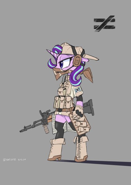 Size: 1414x2000 | Tagged: safe, artist:satv12, derpibooru import, starlight glimmer, pony, unicorn, ammo pouch, bandana, bipedal, boots, cap, clothes, custom ak-12, gloves, gun, hat, headphones, headset, machine gun, military, military uniform, pouch, pouches, profile, reflex sight, shoes, solo, stockings, thigh highs, weapon