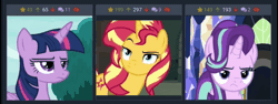 Size: 620x234 | Tagged: safe, derpibooru import, screencap, starlight glimmer, sunset shimmer, twilight sparkle, twilight sparkle (alicorn), alicorn, pony, unicorn, derpibooru, equestria girls, equestria girls series, forgotten friendship, most likely to be forgotten, non-compete clause, shadow play, animated, female, frown, gif, horn, juxtaposition, magical trio, mare, meta, raised eyebrow, starlight is not amused, sts trinity, sunset shimmer is not amused, twilight is not amused, twilight's castle, unamused