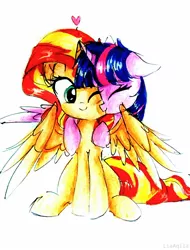 Size: 1714x2250 | Tagged: safe, artist:liaaqila, derpibooru import, sunset shimmer, twilight sparkle, twilight sparkle (alicorn), alicorn, pony, alicornified, commission, cute, female, heart, horns are touching, hug, hug from behind, kissing, lesbian, race swap, shimmerbetes, shimmercorn, shipping, simple background, sitting, smiling, sunsetsparkle, traditional art, twiabetes, white background