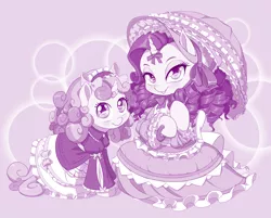 Size: 1490x1200 | Tagged: safe, artist:dstears, derpibooru import, rarity, sweetie belle, pony, unicorn, abstract background, clothes, dress, duo, female, filly, frilly dress, gradient background, hoof hold, lolita fashion, looking at you, mare, monochrome, purple, siblings, sisters, smiling, umbrella