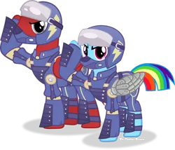 Size: 1024x878 | Tagged: safe, artist:anonymous, derpibooru import, rainbow dash, oc, oc:whopper, pegasus, pony, armor, clothes, goggles, helmet, metal, pilot, salute, simple background, soldier, transparent background, uniform, vector, wings