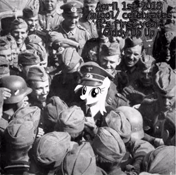 Size: 720x718 | Tagged: safe, deleted from derpibooru, derpibooru import, edit, oc, oc:aryanne, pony, /mlpol/, adolf hitler, army, aryan pony, germany, happy face, hat, head swap, irl, nazi, photo, soldier, troop visit, wehrmacht