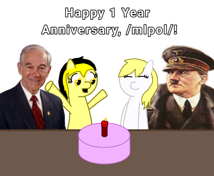 Size: 1700x1400 | Tagged: adolf hitler, anarcho-capitalism, anniversary, artist:anonymous, aryan pony, birthday cake, cake, derpibooru import, food, human, libertarian, /mlp/, /mlpol/, nazi, oc, oc:aryanne, oc:leslie fair, /pol/, politics, ron paul, safe, table, text