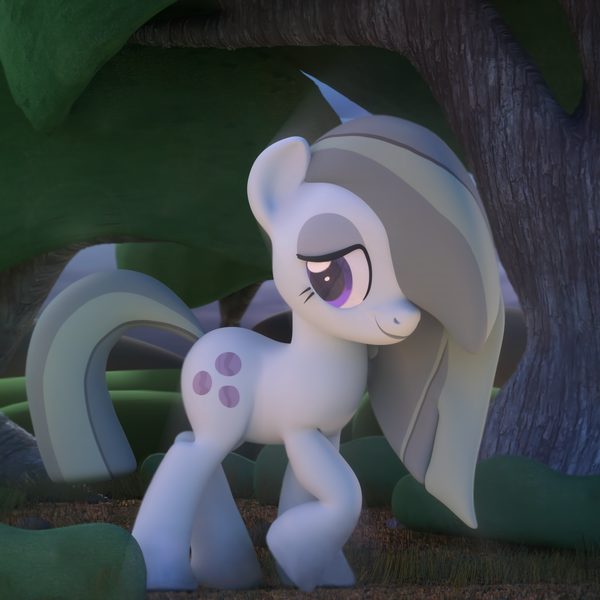 Size: 1920x1920 | Tagged: safe, artist:fillerartist, derpibooru import, marble pie, earth pony, pony, 3d, blender, blender cycles, detailed, dirt, female, foliage, forest, grass, looking away, outdoors, raised hoof, scenebuild, shy, smiling, smirk, solo, tree