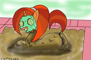 Size: 1200x800 | Tagged: explicit, artist:amateur-draw, derpibooru import, stellar flare, pony, female, gimp, milf, mud, mud bath, mud mask, muddy, nudity, plot, solo, solo female, spa, stellar milf, vagina, vulva, wet and messy