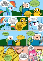 Size: 600x848 | Tagged: safe, artist:imbriaart, derpibooru import, pinkie pie, rainbow dash, dog, earth pony, human, pegasus, pony, comic:magic princess war, adventure time, clothes, comic, crossover, finn the human, jake the dog, pun, spear, star butterfly, star vs the forces of evil, weapon