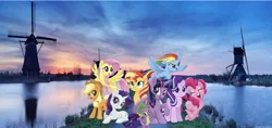 Size: 2048x965 | Tagged: alicorn, applejack, artist:superbobiann, derpibooru import, editor:superbobiann, fluttershy, irl, my little pony: the movie, netherlands, photo, pinkie pie, ponies in real life, rainbow dash, rarity, safe, spike, starlight glimmer, sunset shimmer, twilight sparkle, twilight sparkle (alicorn), wallpaper, water, windmill