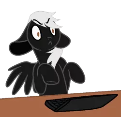 Size: 555x537 | Tagged: safe, artist:sky gamer, derpibooru import, oc, oc:alex sinfalair, unofficial characters only, pegasus, pony, computer, floppy ears, frustrated, laptop computer, simple background, solo, table, transparent background