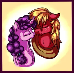 Size: 911x895 | Tagged: safe, artist:marbola, derpibooru import, big macintosh, sugar belle, pony, unicorn, bust, eyes closed, female, floppy ears, freckles, gradient background, hair tie, male, mare, nuzzling, shipping, smiling, stallion, straight, sugarmac