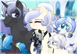 Size: 1024x729 | Tagged: safe, artist:tambelon, derpibooru import, oc, oc:ebony glaze, oc:ivory sheen, oc:lapis lazuli, oc:obsidian, oc:opalescent pearl, oc:somber night, unofficial characters only, crystal pony, hybrid, unicorn, brother and sister, colt, daughter, female, filly, male, mare, mother, mother and daughter, mother and son, mother's day, next generation, offspring, onesie, papoose, parent:king sombra, parent:oc:opalescent pearl, parent:oc:prince topaz, parents:canon x oc, parents:oc x oc, parents:topalescent, siblings, son, stallion, topalescent