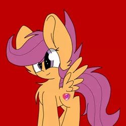 Size: 1024x1024 | Tagged: safe, artist:circuspaparazzi5678, derpibooru import, scootaloo, pegasus, pony, chest fluff, cute, cutealoo, cutie mark, female, filly, red background, simple background, smiling, the cmc's cutie marks