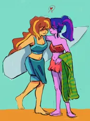 Size: 500x673 | Tagged: safe, artist:ethicaltea, derpibooru import, sci-twi, sunset shimmer, twilight sparkle, human, pony, equestria girls, belly button, bikini, clothes, female, heart, lesbian, midriff, pictogram, scitwishimmer, shipping, sunsetsparkle, surfboard, swimsuit