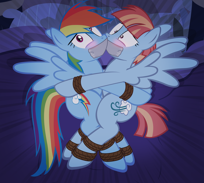 Size: 2222x2000 | Tagged: suggestive, artist:radiantrealm, derpibooru import, rainbow dash, windy whistles, pegasus, pony, bed, bedroom, blushing, bondage, bound together, dashsub, female, females only, femsub, gag, hug, jackpot, mare, mother and daughter, pillow, rope, rope bondage, show accurate, show accurate porn, shrunken pupils, spread wings, submissive, tape gag, tied up, windysub, wingboner, wings