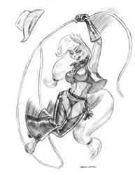 Size: 1100x1425 | Tagged: anthro, applejack, armpits, artist:baron engel, big breasts, breasts, busty applejack, chaps, cleavage, clothes, cowboy hat, curvy, derpibooru import, female, grayscale, hat, hourglass figure, lasso, looking at you, monochrome, pencil drawing, rope, simple background, sketch, smiling, solo, solo female, suggestive, traditional art, unguligrade anthro, vest, white background