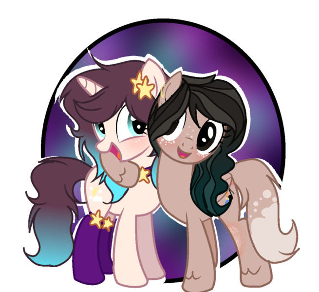 Size: 1024x938 | Tagged: safe, artist:sylveontriestodraw, derpibooru import, oc, oc:coffee heart, oc:creativity love, unofficial characters only, pegasus, pony, unicorn, clothes, female, hug, mare, side hug, simple background, socks, transparent background, unshorn fetlocks