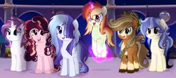 Size: 4833x2145 | Tagged: safe, artist:6-fingers-lover, artist:xxmelody-scribblexx, derpibooru import, oc, oc:fireball, oc:ghost heart, oc:lucky hoof, oc:smooth blue, oc:strong heart, oc:sugar cane, unofficial characters only, earth pony, pegasus, pony, unicorn, base used, bust, female, levitation, magic, magical lesbian spawn, mare, movie accurate, offspring, parent:applejack, parent:bulk biceps, parent:doctor fauna, parent:fluttershy, parent:pinkie pie, parent:rainbow dash, parent:rarity, parent:sugar belle, parent:sunset shimmer, parent:troubleshoes clyde, parent:twilight sparkle, parents:faunashy, parents:raribulk, parents:sugarpie, parents:sunsetdash, parents:troublejack, parents:twidash, self-levitation, socks (coat marking), telekinesis