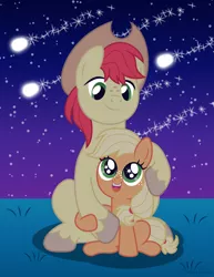Size: 800x1035 | Tagged: safe, artist:cloudyglow, derpibooru import, applejack, bright mac, earth pony, pony, applejack's hat, brightabetes, cowboy hat, cute, duo, duo male and female, father and daughter, female, filly, filly applejack, foal, freckles, grass field, hat, jackabetes, male, shooting star, sitting, stallion, starry eyes, stars, stetson, unshorn fetlocks, wingding eyes, younger