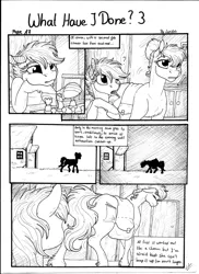 Size: 2550x3506 | Tagged: safe, artist:lupiarts, derpibooru import, oc, oc:camilla curtain, oc:chess, oc:sally, unofficial characters only, pegasus, pony, comic:what have i done, black and white, comic, female, filly, foal, grayscale, monochrome, sad, speech bubble, traditional art, workaholic