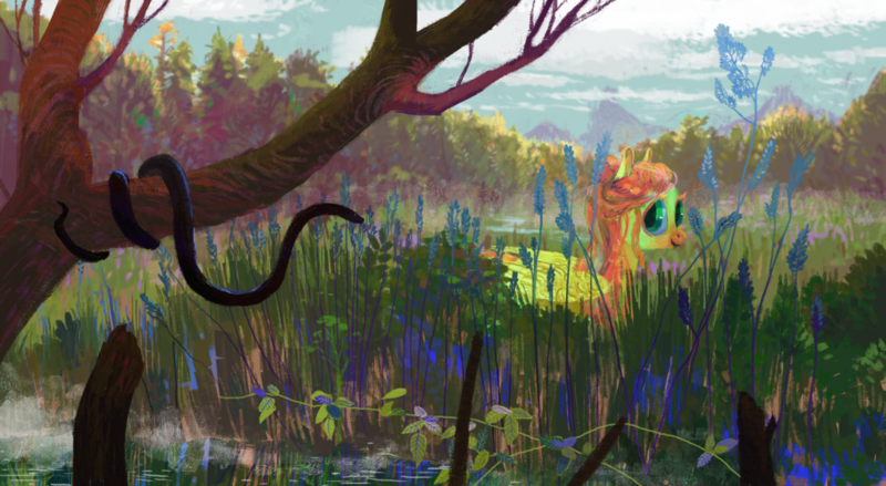 Size: 1024x562 | Tagged: safe, artist:wolfiedrawie, derpibooru import, fluttershy, pegasus, pony, snake, female, folded wings, looking sideways, mare, marsh, outdoors, reed, reeds, scenery, smiling, solo, swamp, tree, water