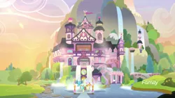 Size: 1600x900 | Tagged: safe, derpibooru import, screencap, gallus, ocellus, sandbar, silverstream, smolder, yona, pony, non-compete clause, afternoon, architecture, building, discovery family logo, scenery, scenery porn, school of friendship, student six, waterfall