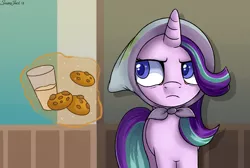 Size: 2053x1378 | Tagged: safe, artist:shadowreindeer, derpibooru import, starlight glimmer, pony, unicorn, the parent map, clothes, cookie, female, food, headscarf, implied firelight, magic, mare, milk, scarf, solo, telekinesis