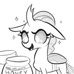 Size: 1650x1650 | Tagged: safe, artist:tjpones, derpibooru import, ocellus, changedling, changeling, changeling feeding, cute, cuteling, diaocelles, eyes on the prize, female, floppy ears, food, grayscale, happy, honey, lineart, monochrome, open mouth, simple background, smiling, solo, sparkles, tjpones is trying to murder us, white background