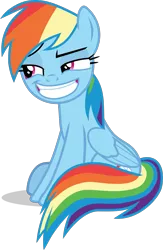 Size: 903x1381 | Tagged: safe, artist:frownfactory, derpibooru import, rainbow dash, pegasus, pony, non-compete clause, .svg available, eyes half closed, female, grin, lidded eyes, mare, rainbow dash is best facemaker, simple background, sitting, smiling, smug, solo, svg, transparent background, vector, wings