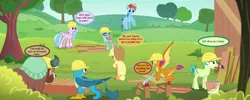 Size: 1280x512 | Tagged: safe, derpibooru import, edit, edited screencap, screencap, applejack, gallus, ocellus, rainbow dash, sandbar, silverstream, smolder, yona, non-compete clause, apple, applejack's hat, apple tree, boards, cowboy hat, cropped, food, hard hat, hat, paint, paintbrush, pun, sawhorse, sawing, shed, speech bubble, student six, sweet apple acres, text, that hippogriff sure does love stairs, tree
