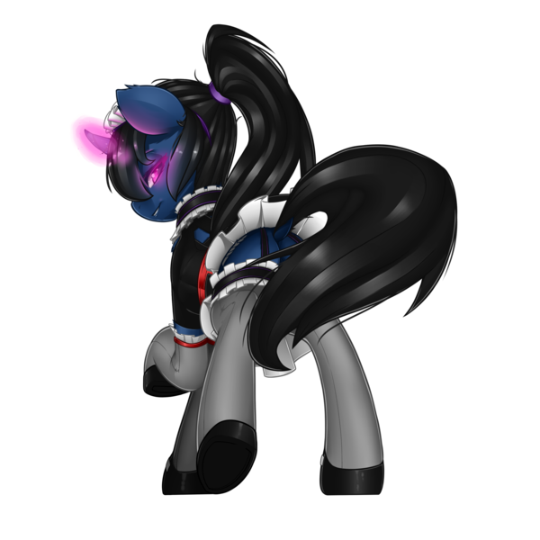 Size: 2000x2000 | Tagged: safe, artist:slimedrippy, derpibooru import, oc, oc:procelle, unofficial characters only, pony, unicorn, clothes, female, french maid, garters, glowing eyes, glowing horn, headdress, maid, pink eyes, ponytail, profile, shoes, simple background, skirt, skirt lift, solo, stockings, thigh highs, transparent background, uniform, upskirt