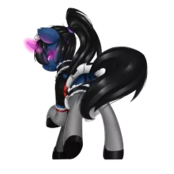 Size: 2000x2000 | Tagged: safe, artist:slimedrippy, derpibooru import, oc, oc:procelle, unofficial characters only, pony, unicorn, clothes, female, french maid, garters, glowing eyes, glowing horn, headdress, maid, pink eyes, ponytail, profile, shoes, simple background, skirt, skirt lift, solo, stockings, thigh highs, transparent background, uniform, upskirt