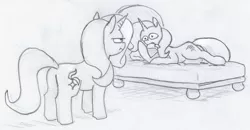 Size: 1045x543 | Tagged: safe, artist:t72b, derpibooru import, starlight glimmer, trixie, pony, unicorn, annoyed, bed, butt, draw me like one of your french girls, egophiliac-ish, eye contact, female, flower, inconvenient trixie, looking at each other, lying down, mare, monochrome, mouth hold, plot, rose, sketch, style emulation, traditional art, unamused, woonoggles