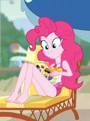 Size: 402x540 | Tagged: safe, derpibooru import, screencap, feather bangs, pinkie pie, equestria girls, equestria girls series, friendship math, barefoot, clothes, cropped, feet, female, geode of sugar bombs, magazine, magical geodes, smiling, solo, swimsuit