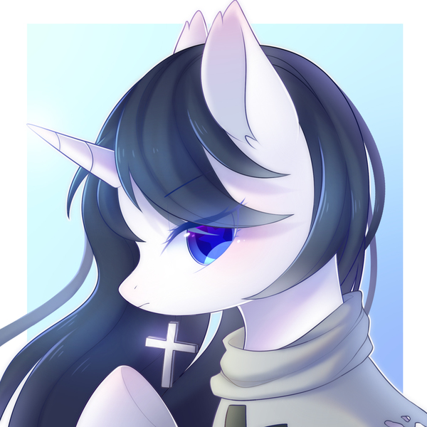 Size: 1800x1800 | Tagged: safe, artist:leafywind, derpibooru import, oc, unofficial characters only, pony, unicorn, abstract background, bust, clothes, cross, female, mare, portrait, solo