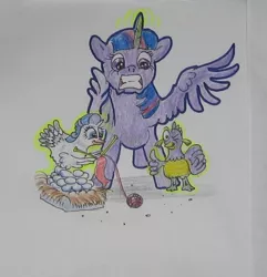 Size: 466x484 | Tagged: artist needed, source needed, safe, derpibooru import, rarity, spike, twilight sparkle, twilight sparkle (alicorn), alicorn, bird, chicken, birdified, egg, female, glowing horn, hen, magic, male, rooster, shipping, sparity, species swap, spread wings, straight, thumbs up, traditional art