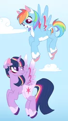 Size: 1700x3019 | Tagged: safe, artist:solareflares, derpibooru import, rainbow dash, twilight sparkle, twilight sparkle (alicorn), alicorn, pegasus, pony, backwards cutie mark, chest fluff, cloud, colored wings, ear fluff, female, flying, lesbian, looking at each other, looking down, looking up, makeup, multicolored horn, multicolored wings, redesign, shipping, short tail, smiling, twidash, unshorn fetlocks