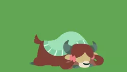 Size: 3840x2160 | Tagged: 4k resolution, artist:toastybrownpotatoes, bow, cloven hooves, cute, derpibooru import, female, field tripping, green background, hair bow, high res, lineless, lying down, minimalist, modern art, non-compete clause, prone, safe, simple background, solo, sploot, vector, wallpaper, yak, yona, yonadorable