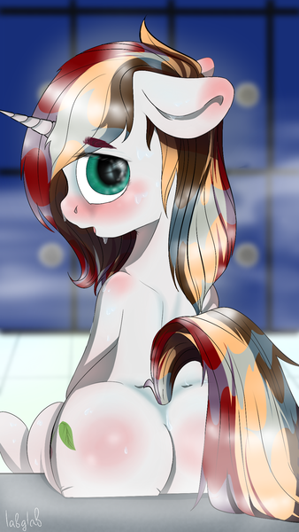 Size: 1080x1920 | Tagged: suggestive, artist:labglab, derpibooru import, oc, unofficial characters only, pony, unicorn, ass, bath, blushing, blushing profusely, changing room, confused, cute, cutie mark, eye contact, female, horn, looking at you, looking back, looking back at you, mane, mare, nudity, open mouth, ponytail, rcf community, rear view, solo, solo female, tail, water, wet, wet mane