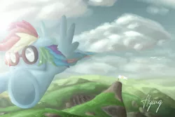 Size: 1800x1200 | Tagged: safe, artist:papaudopoulos69, derpibooru import, rainbow dash, pegasus, pony, female, flying, goggles, mare, solo