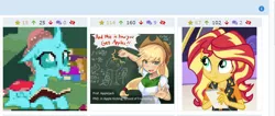 Size: 1012x428 | Tagged: safe, artist:tzc, derpibooru import, screencap, applejack, ocellus, sunset shimmer, derpibooru, driving miss shimmer, equestria girls, equestria girls series, school daze, book, chalkboard, clothes, cowboy hat, cute, female, hat, isaac newton, jackabetes, juxtaposition, juxtaposition win, looking at you, meme, meta, physics, punch, shimmerbetes, sir isaac newton, smiling, smirk, stetson, taking notes, writing