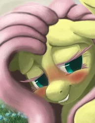 Size: 1391x1800 | Tagged: suggestive, alternate version, artist:noctomaeus, derpibooru import, fluttershy, pegasus, pony, blushing, bust, cropped, female, flower, lip bite, mare, portrait, solo