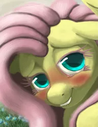 Size: 1391x1800 | Tagged: suggestive, alternate version, artist:noctomaeus, derpibooru import, fluttershy, pegasus, pony, bedroom eyes, blushing, bust, female, flower, lip bite, mare, portrait, solo